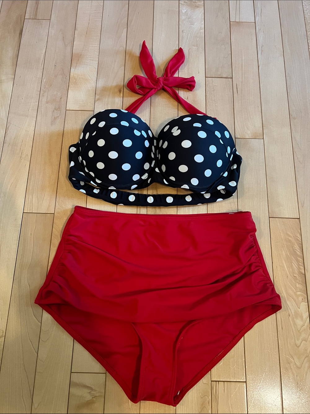 Polka Dot Black & White Halter Bikini Top with Red High-Waist Bottoms